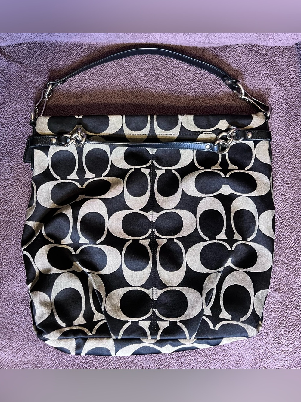 Coach Brooke Signature Black Canvas Double Handles Zipper Satchel Shoulder Bag